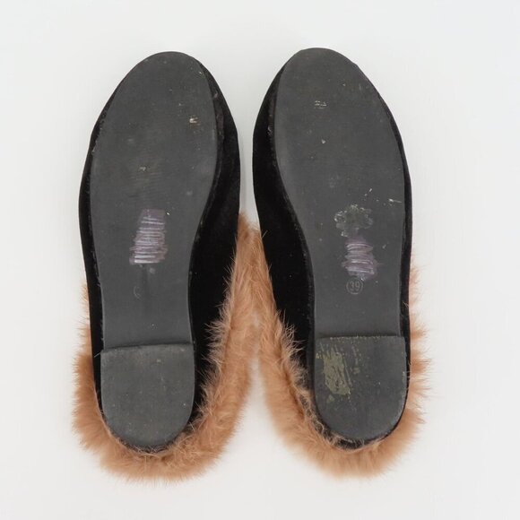 Womens 39 Black Velvet Gold Metal Horse Bit Brown Rabbit Fur Slide Shoes Slipper - Picture 8 of 11